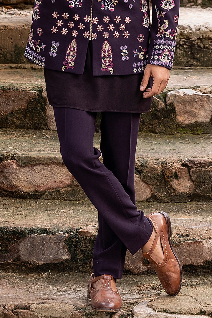 Wine Knit Hand Embroidered Groom Indowestern Set by AMIT ARORA at Pernia's Pop Up Shop