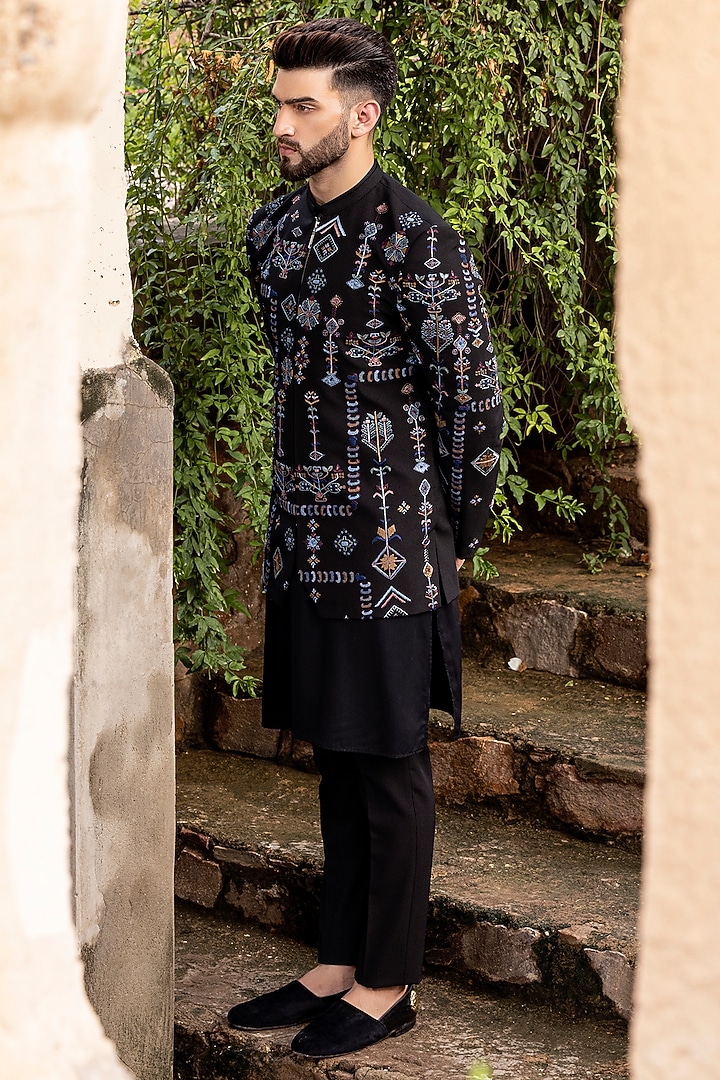 Black Knit Hand Embroidered Wedding Indowestern Set by AMIT ARORA at Pernia's Pop Up Shop