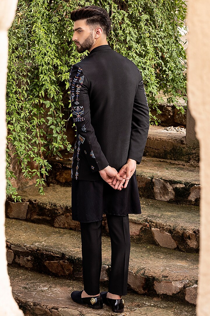 Black Knit Hand Embroidered Wedding Indowestern Set by AMIT ARORA at Pernia's Pop Up Shop