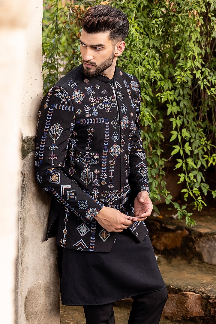 Black Knit Hand Embroidered Wedding Indowestern Set by AMIT ARORA at Pernia's Pop Up Shop