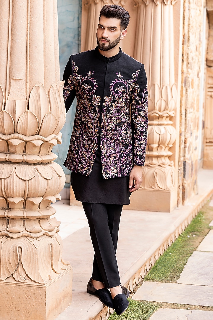 Black Silk Hand Embroidered Groom Indowestern Set by AMIT ARORA at Pernia's Pop Up Shop