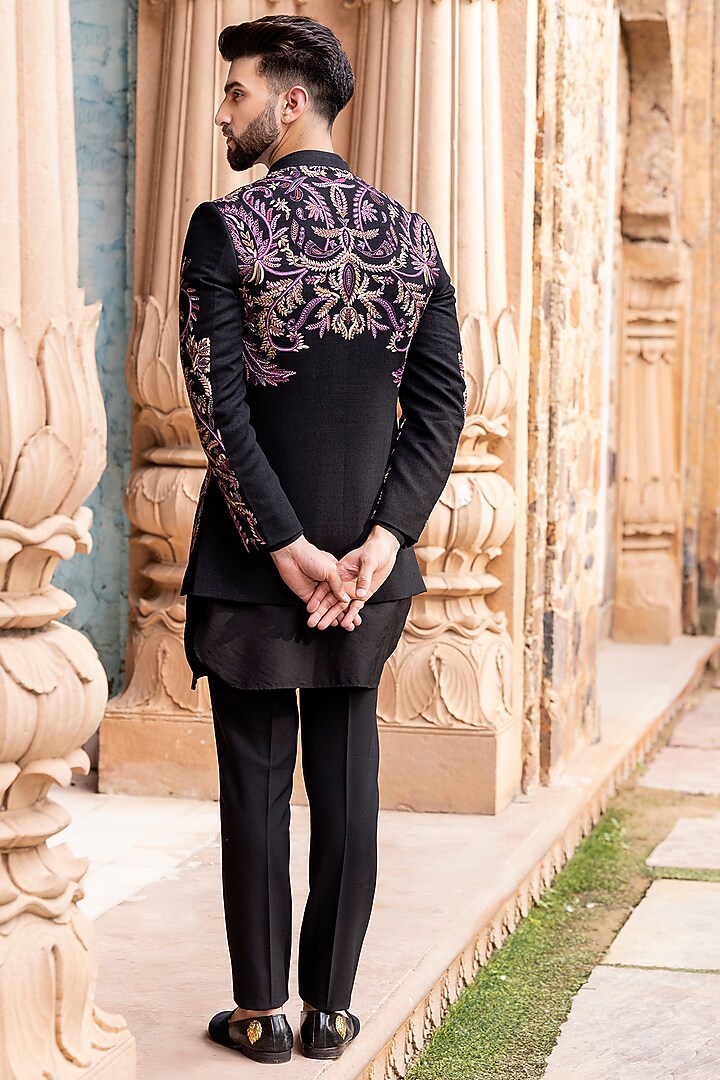 Black Silk Hand Embroidered Groom Indowestern Set by AMIT ARORA at Pernia's Pop Up Shop