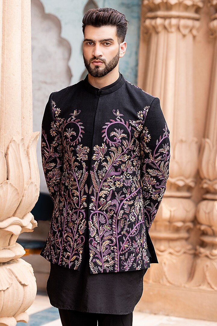 Black Silk Hand Embroidered Groom Indowestern Set by AMIT ARORA at Pernia's Pop Up Shop