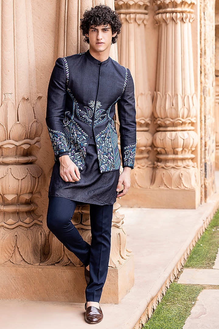 Navy Blue Silk Hand Embroidered Wedding Indowestern Set by AMIT ARORA at Pernia's Pop Up Shop
