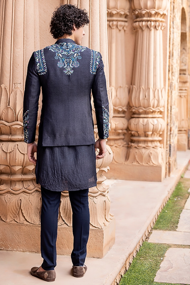 Navy Blue Silk Hand Embroidered Wedding Indowestern Set by AMIT ARORA at Pernia's Pop Up Shop