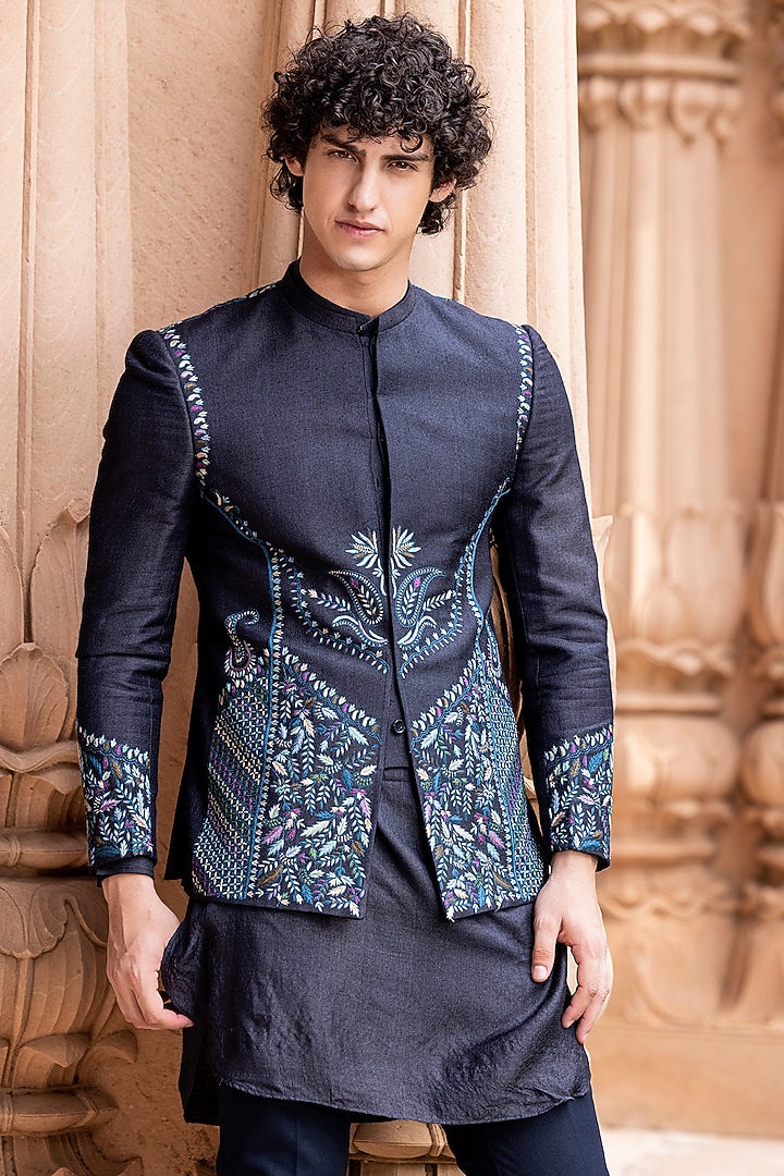 Navy Blue Silk Hand Embroidered Wedding Indowestern Set by AMIT ARORA at Pernia's Pop Up Shop