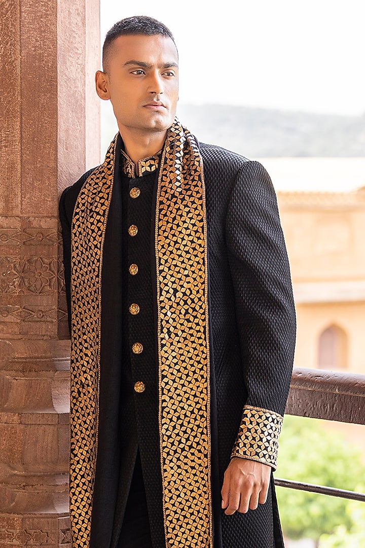 Black Knit Wedding Sherwani Set by AMIT ARORA at Pernia's Pop Up Shop