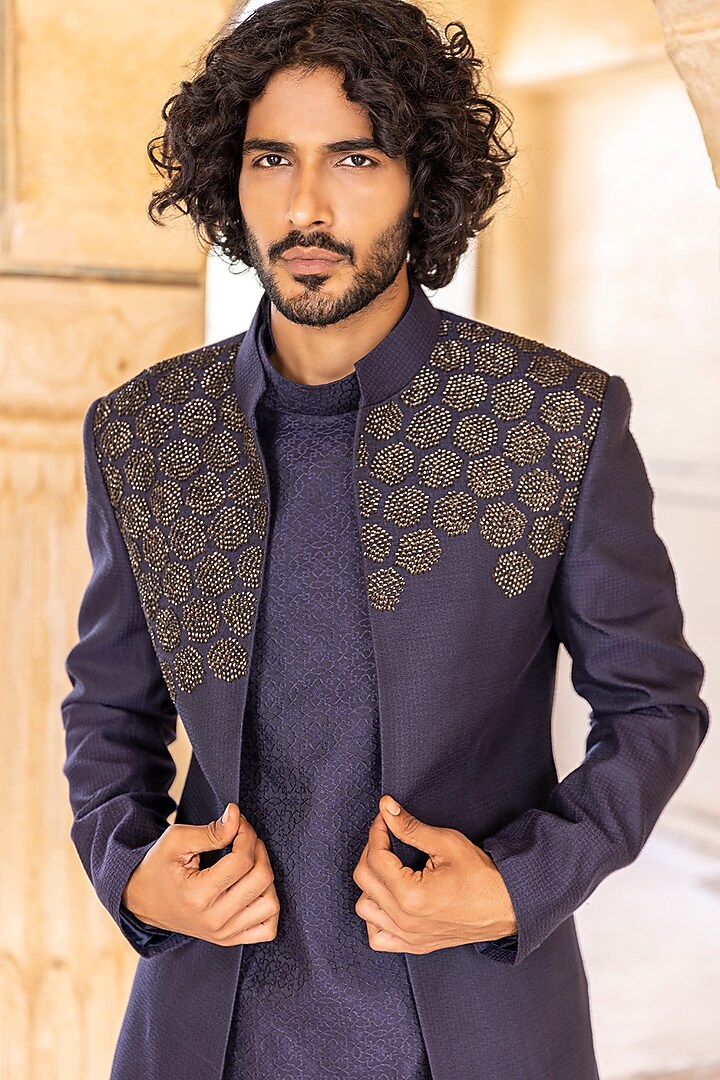 Navy Blue Silk Jacquard Hand Embroidered Wedding Indowestern Set by AMIT ARORA at Pernia's Pop Up Shop