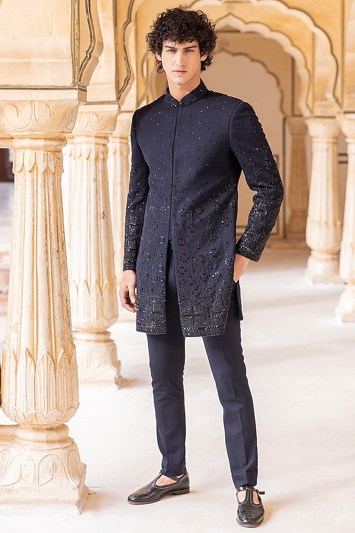 Navy Blue Knit Hand Embroidered Indowestern Set by AMIT ARORA