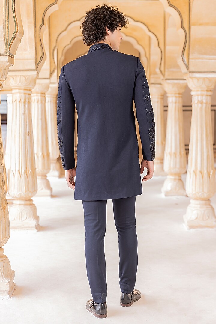 Navy Blue Knit Hand Embroidered Wedding Indowestern Set by AMIT ARORA at Pernia's Pop Up Shop