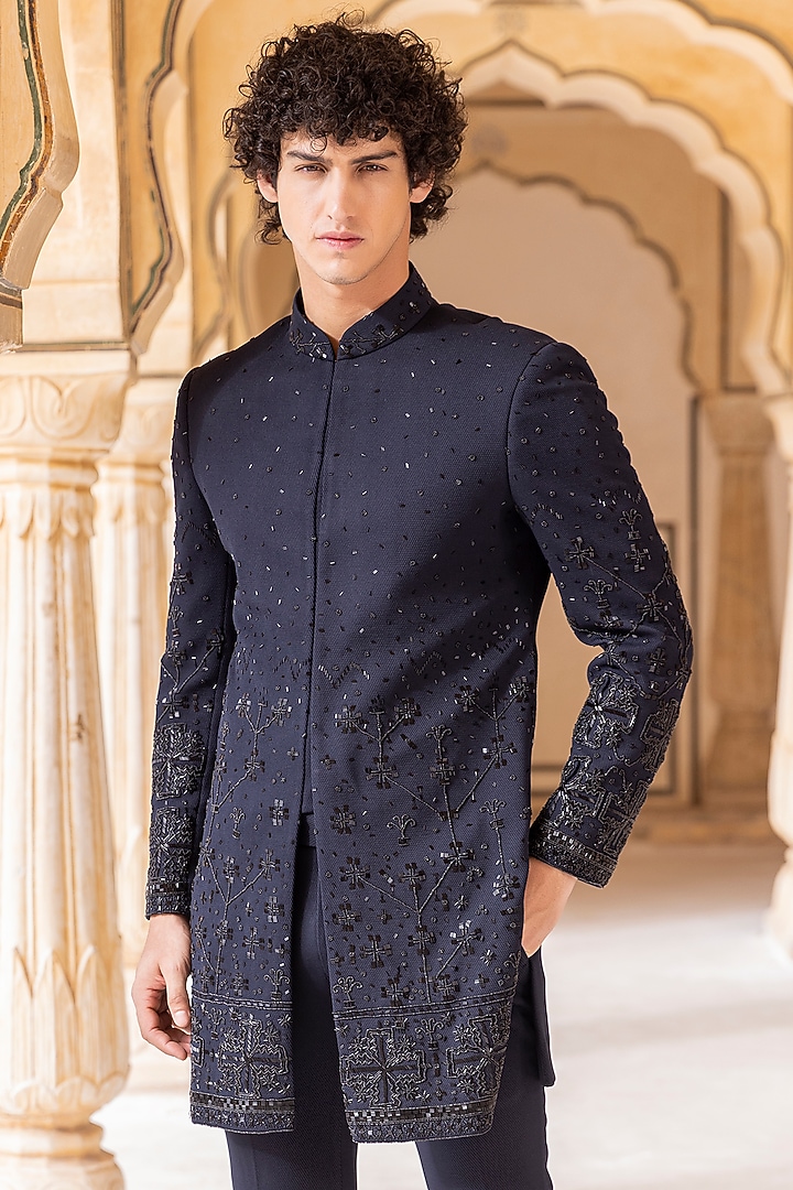 Navy Blue Knit Hand Embroidered Wedding Indowestern Set by AMIT ARORA at Pernia's Pop Up Shop