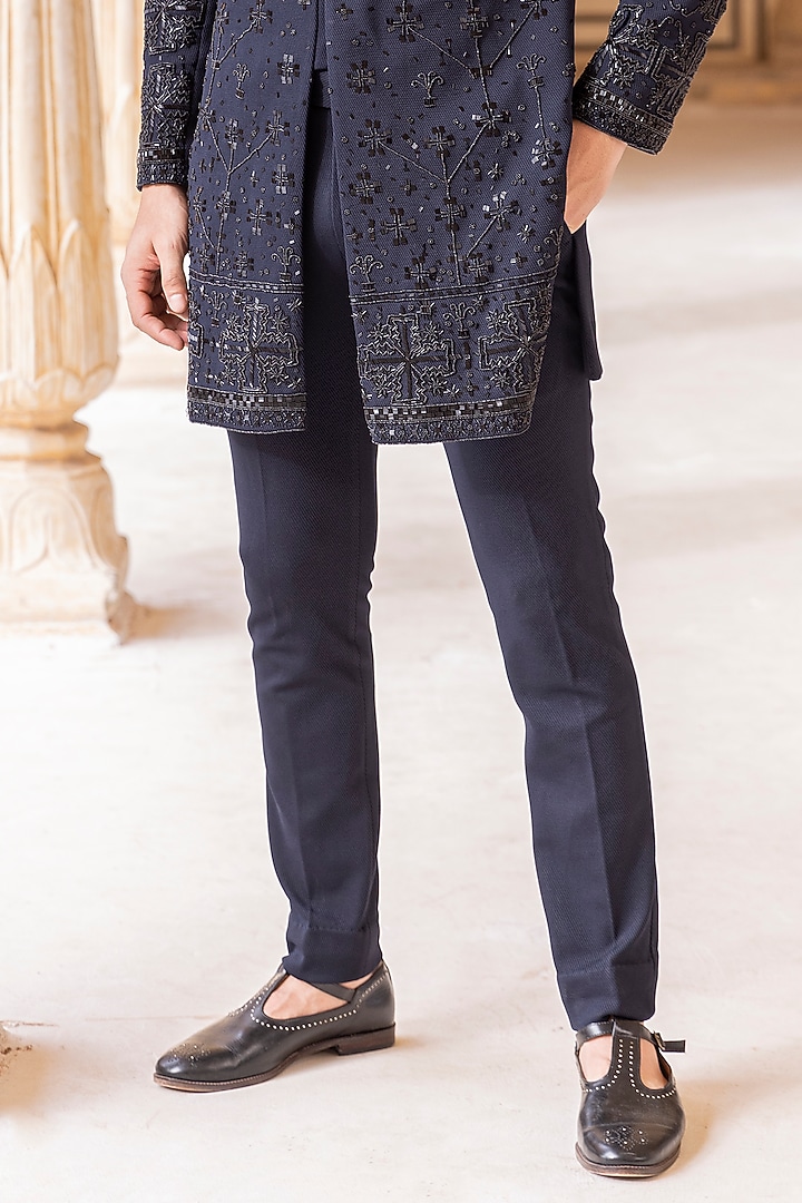 Navy Blue Knit Hand Embroidered Wedding Indowestern Set by AMIT ARORA at Pernia's Pop Up Shop