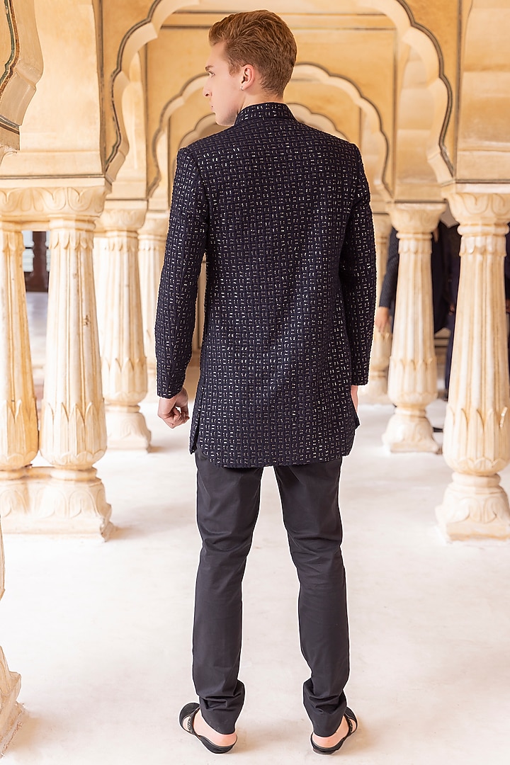 Navy Blue Jacquard Embellished Wedding Indowestern Set by AMIT ARORA at Pernia's Pop Up Shop
