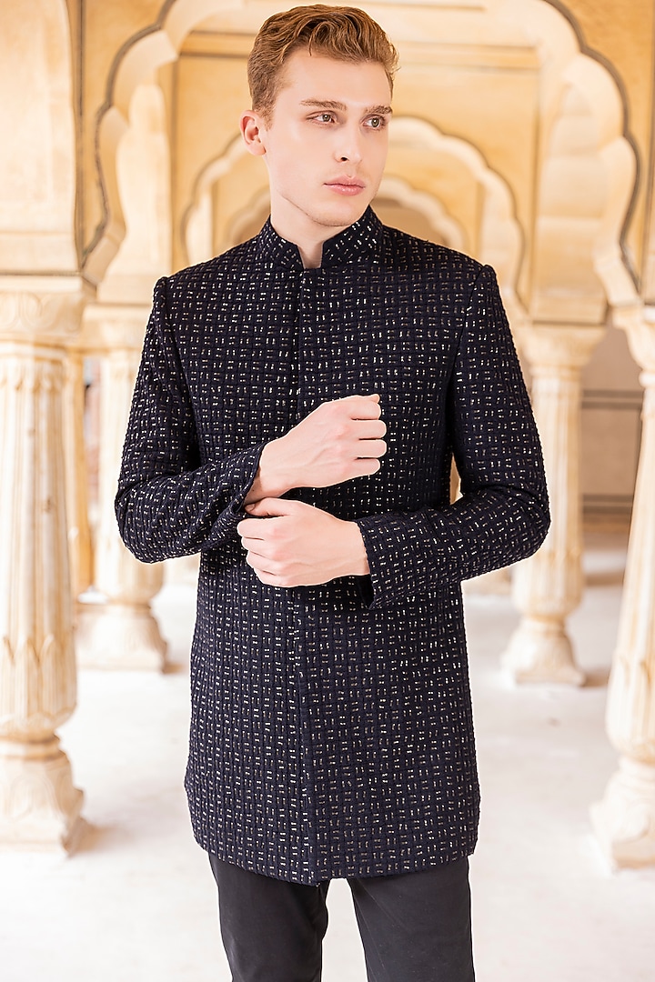 Navy Blue Jacquard Embellished Wedding Indowestern Set by AMIT ARORA at Pernia's Pop Up Shop
