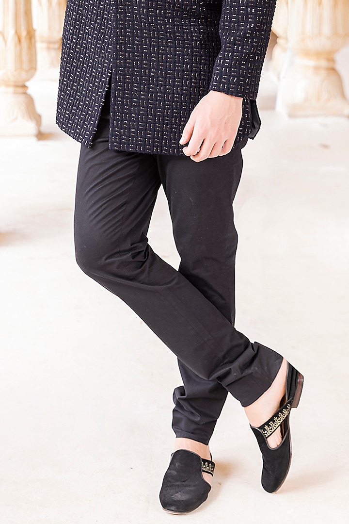 Navy Blue Jacquard Embellished Wedding Indowestern Set by AMIT ARORA at Pernia's Pop Up Shop