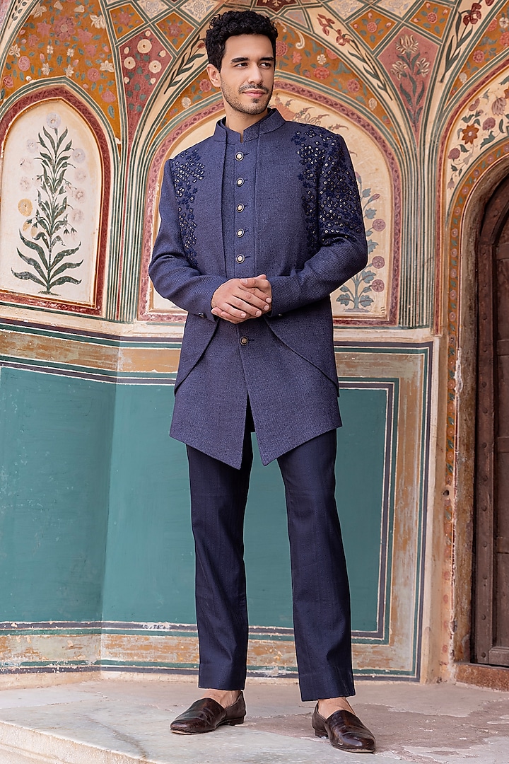 Navy Blue Cord Silk Embellished Indowestern Set by AMIT ARORA