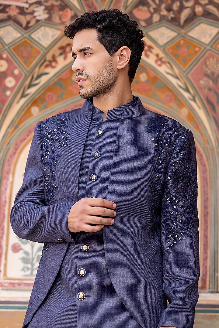Navy Blue Cord Silk Embellished Wedding Indowestern Set by AMIT ARORA at Pernia's Pop Up Shop