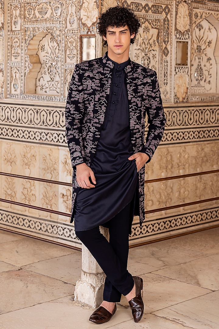 Navy Blue Knit Embroidered Indowestern Set by AMIT ARORA