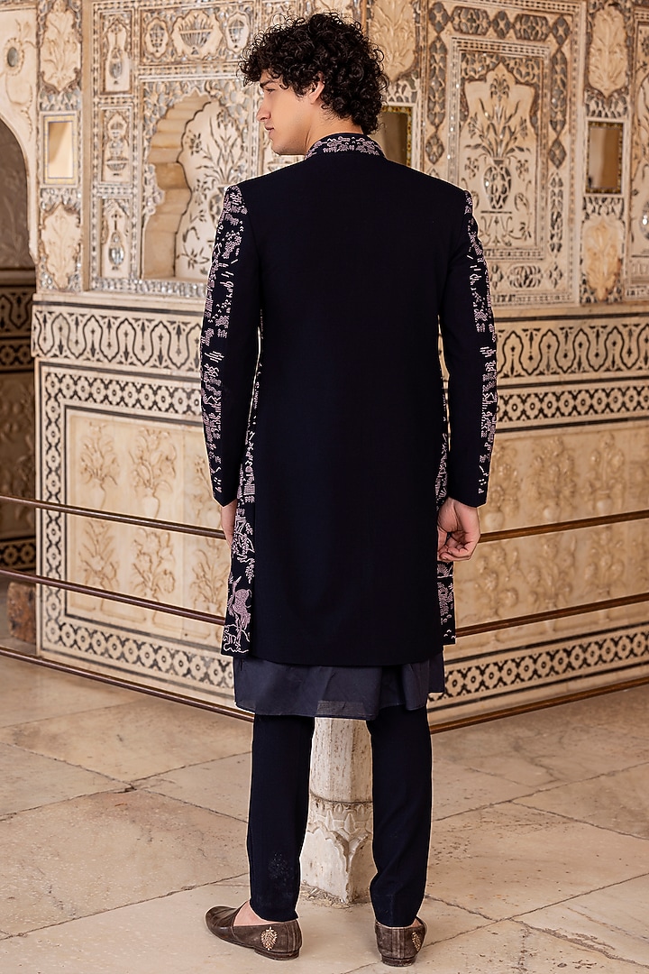Navy Blue Knit Embroidered Wedding Indowestern Set by AMIT ARORA at Pernia's Pop Up Shop