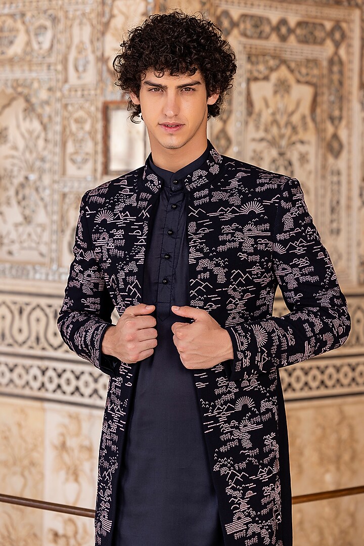 Navy Blue Knit Embroidered Wedding Indowestern Set by AMIT ARORA at Pernia's Pop Up Shop