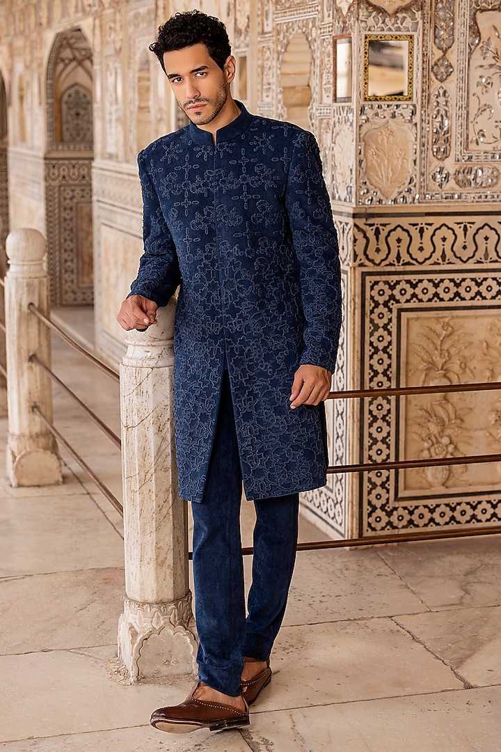 Blue Cord Hand Embroidered Indowestern Set by AMIT ARORA