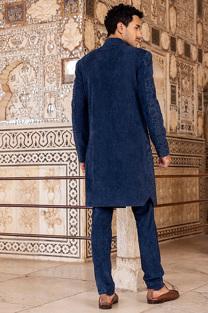 Blue Cord Hand Embroidered Groom Indowestern Set by AMIT ARORA at Pernia's Pop Up Shop