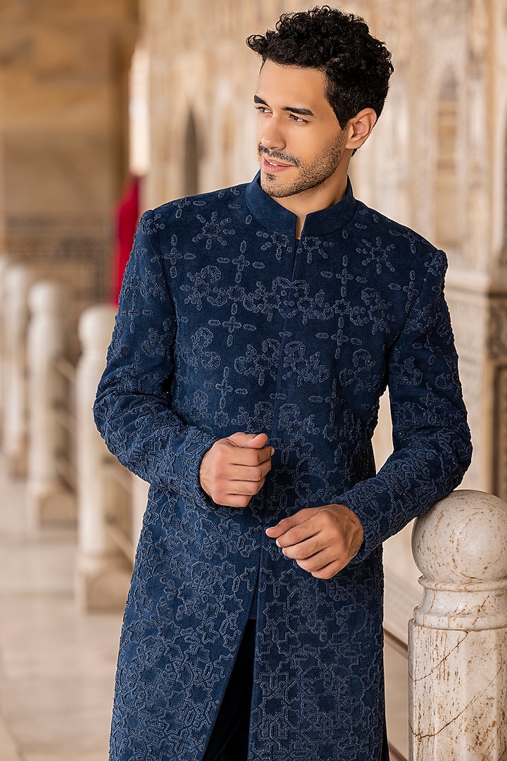 Blue Cord Hand Embroidered Groom Indowestern Set by AMIT ARORA at Pernia's Pop Up Shop