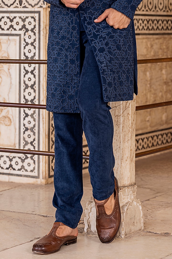 Blue Cord Hand Embroidered Groom Indowestern Set by AMIT ARORA at Pernia's Pop Up Shop