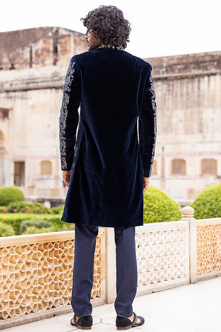 Navy Blue Velvet Hand Embroidered Wedding Indowestern Set by AMIT ARORA at Pernia's Pop Up Shop