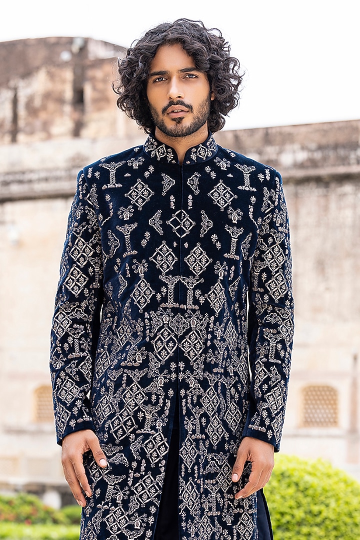 Navy Blue Velvet Hand Embroidered Wedding Indowestern Set by AMIT ARORA at Pernia's Pop Up Shop