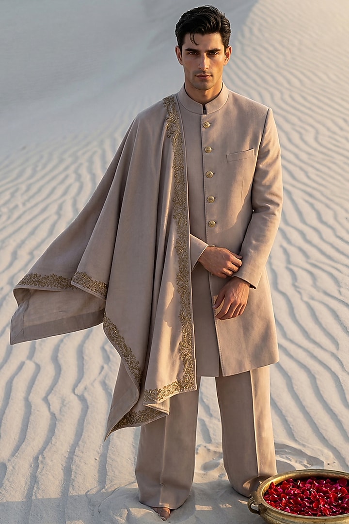 Beige Pashmina Wedding Sherwani Set by AMIT ARORA at Pernia's Pop Up Shop