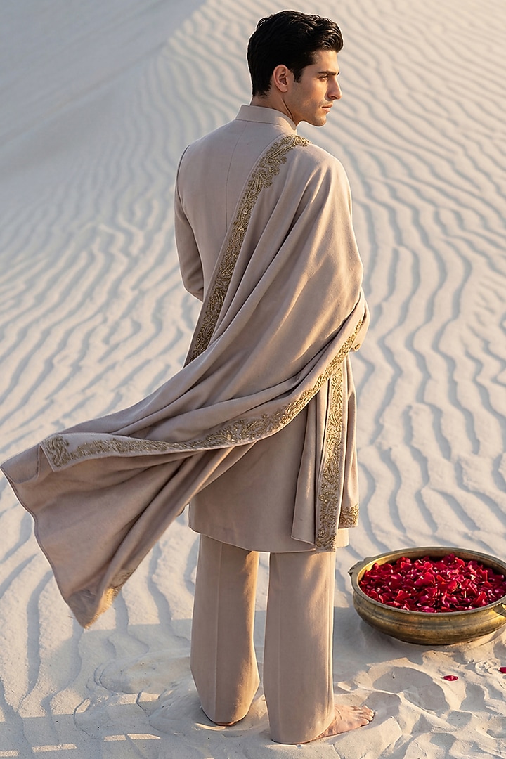 Beige Pashmina Wedding Sherwani Set by AMIT ARORA at Pernia's Pop Up Shop