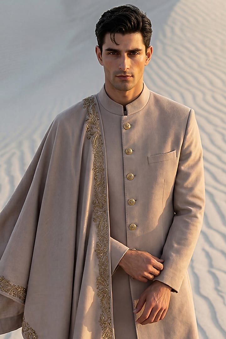 Beige Pashmina Wedding Sherwani Set by AMIT ARORA at Pernia's Pop Up Shop