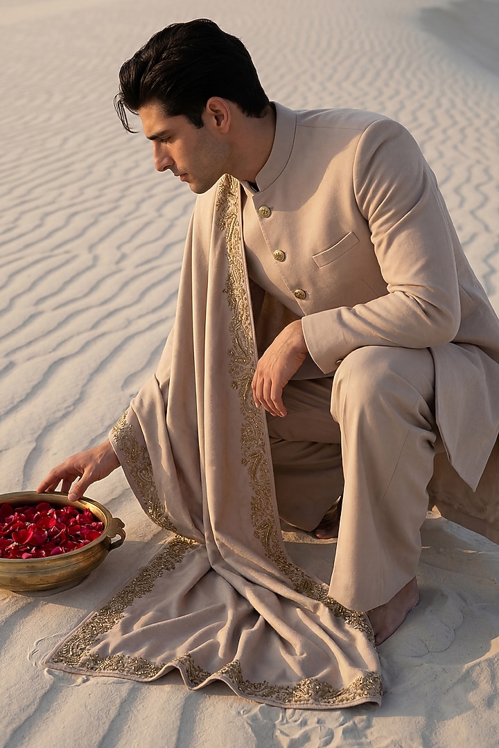 Beige Pashmina Wedding Sherwani Set by AMIT ARORA at Pernia's Pop Up Shop