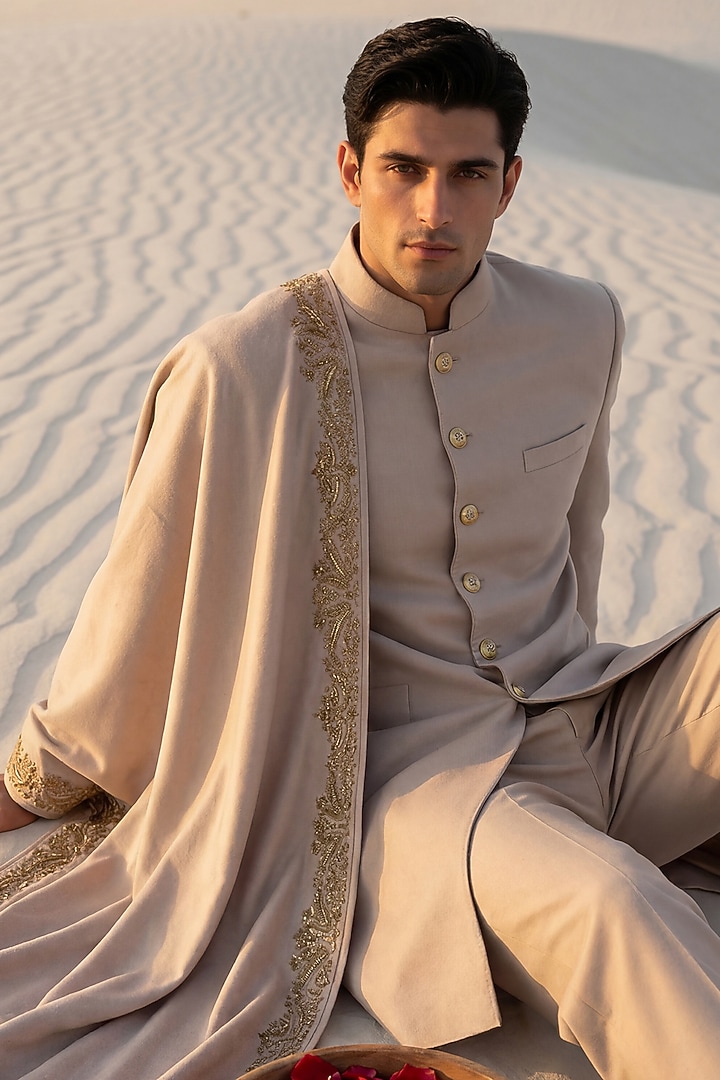 Beige Pashmina Wedding Sherwani Set by AMIT ARORA at Pernia's Pop Up Shop