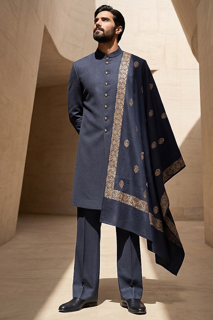 Navy Blue Pashmina Groom Sherwani Set by AMIT ARORA at Pernia's Pop Up Shop