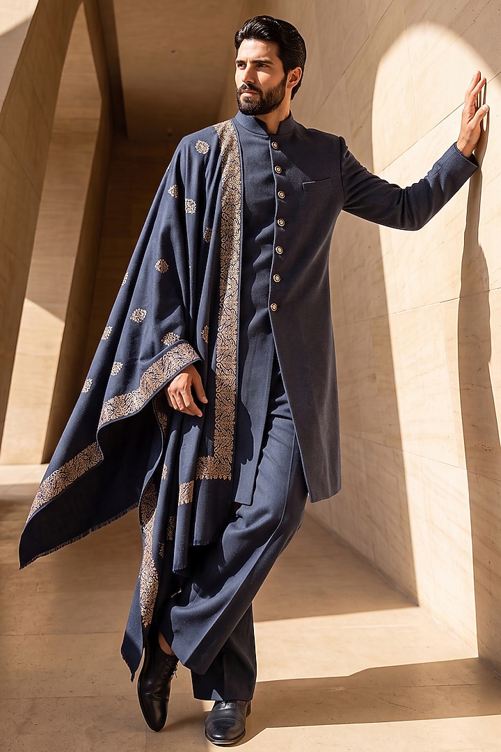 Navy Blue Pashmina Groom Sherwani Set by AMIT ARORA at Pernia's Pop Up Shop