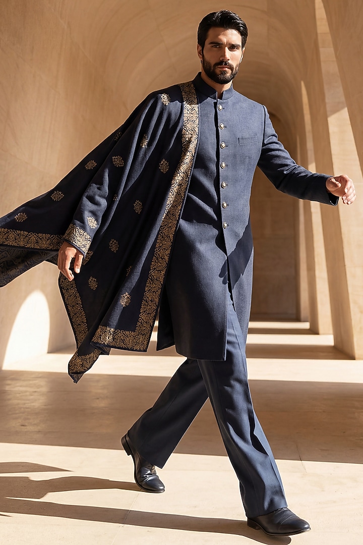 Navy Blue Pashmina Groom Sherwani Set by AMIT ARORA at Pernia's Pop Up Shop