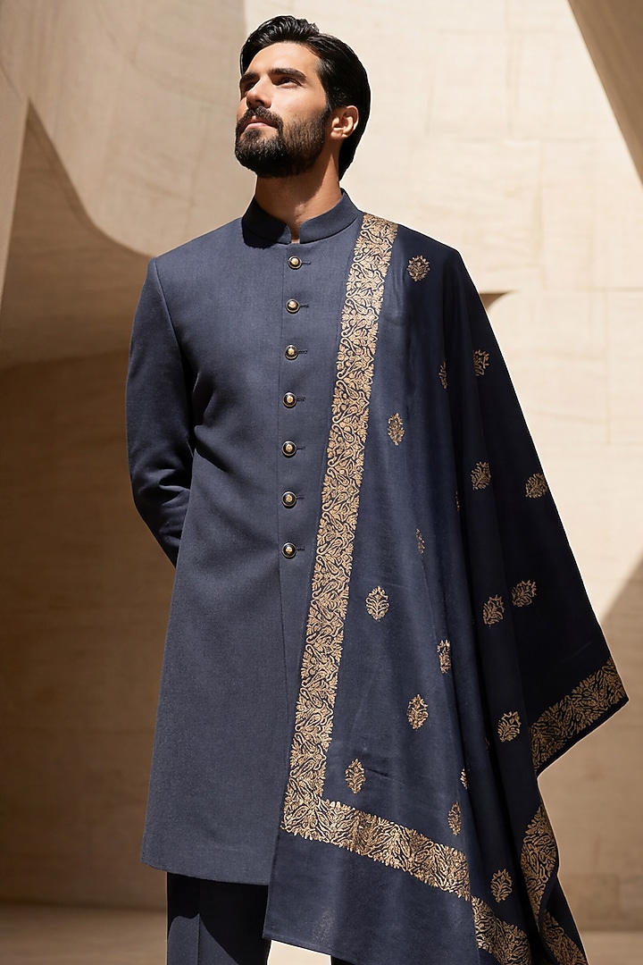 Navy Blue Pashmina Groom Sherwani Set by AMIT ARORA at Pernia's Pop Up Shop