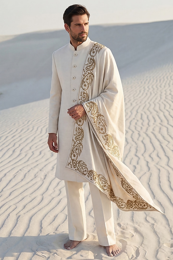 Cream Pashmina Wedding Sherwani Set by AMIT ARORA at Pernia's Pop Up Shop