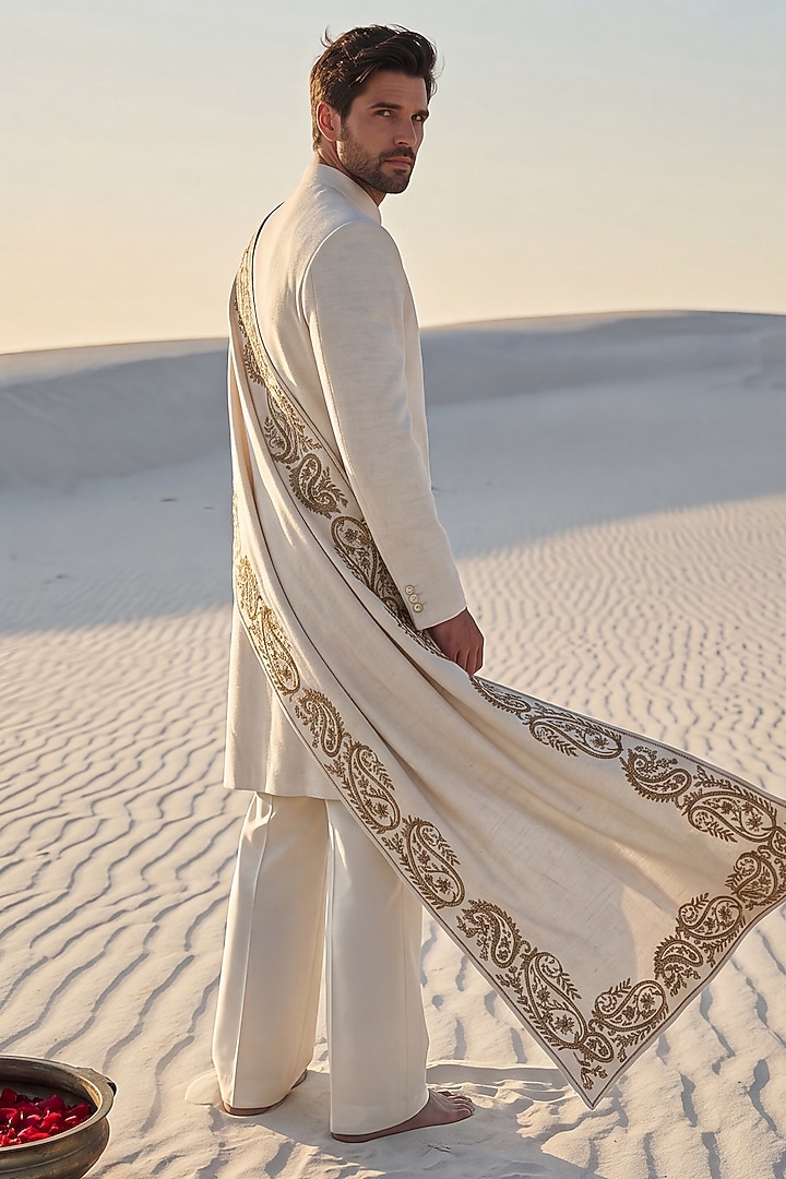 Cream Pashmina Wedding Sherwani Set by AMIT ARORA at Pernia's Pop Up Shop