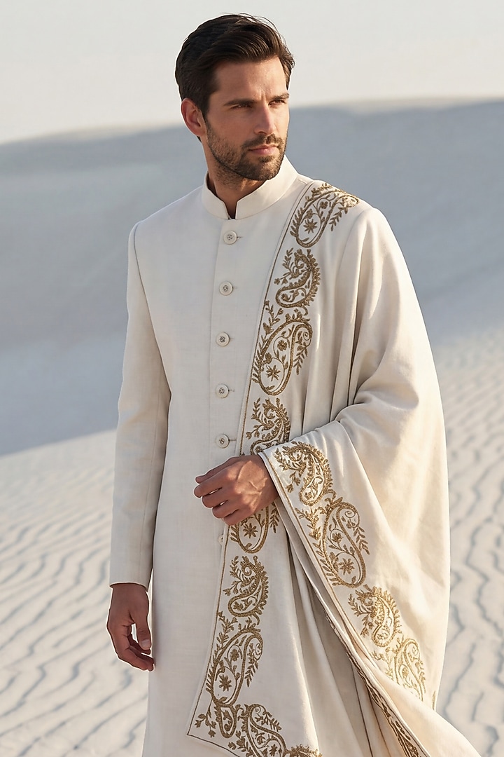 Cream Pashmina Wedding Sherwani Set by AMIT ARORA at Pernia's Pop Up Shop