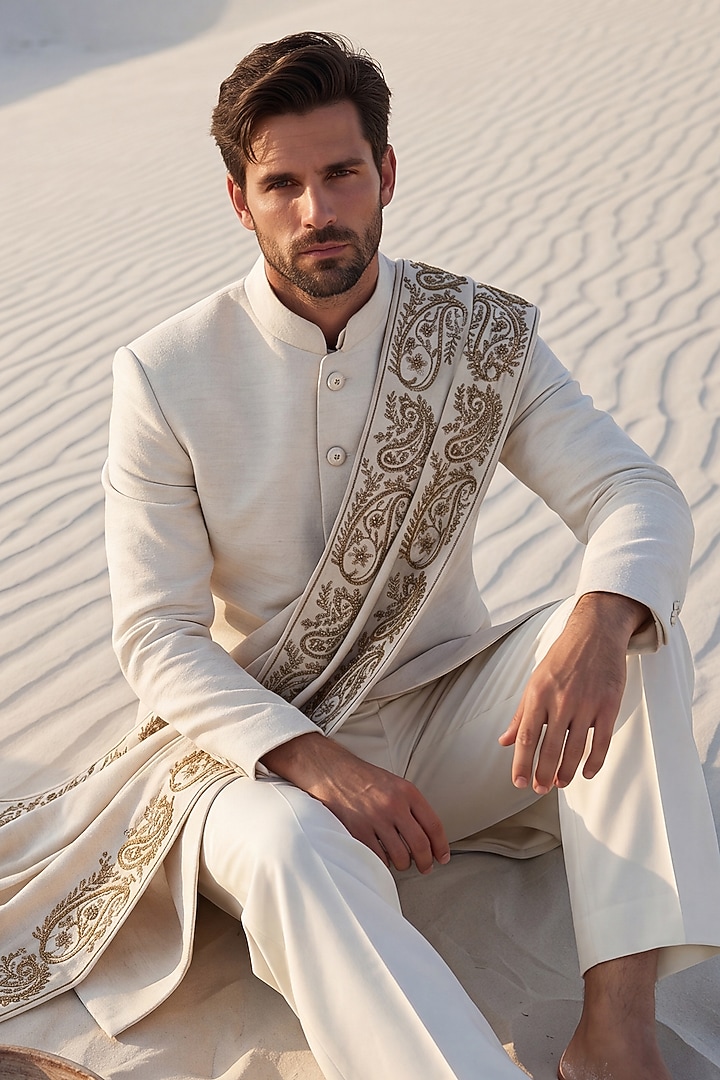 Cream Pashmina Wedding Sherwani Set by AMIT ARORA at Pernia's Pop Up Shop