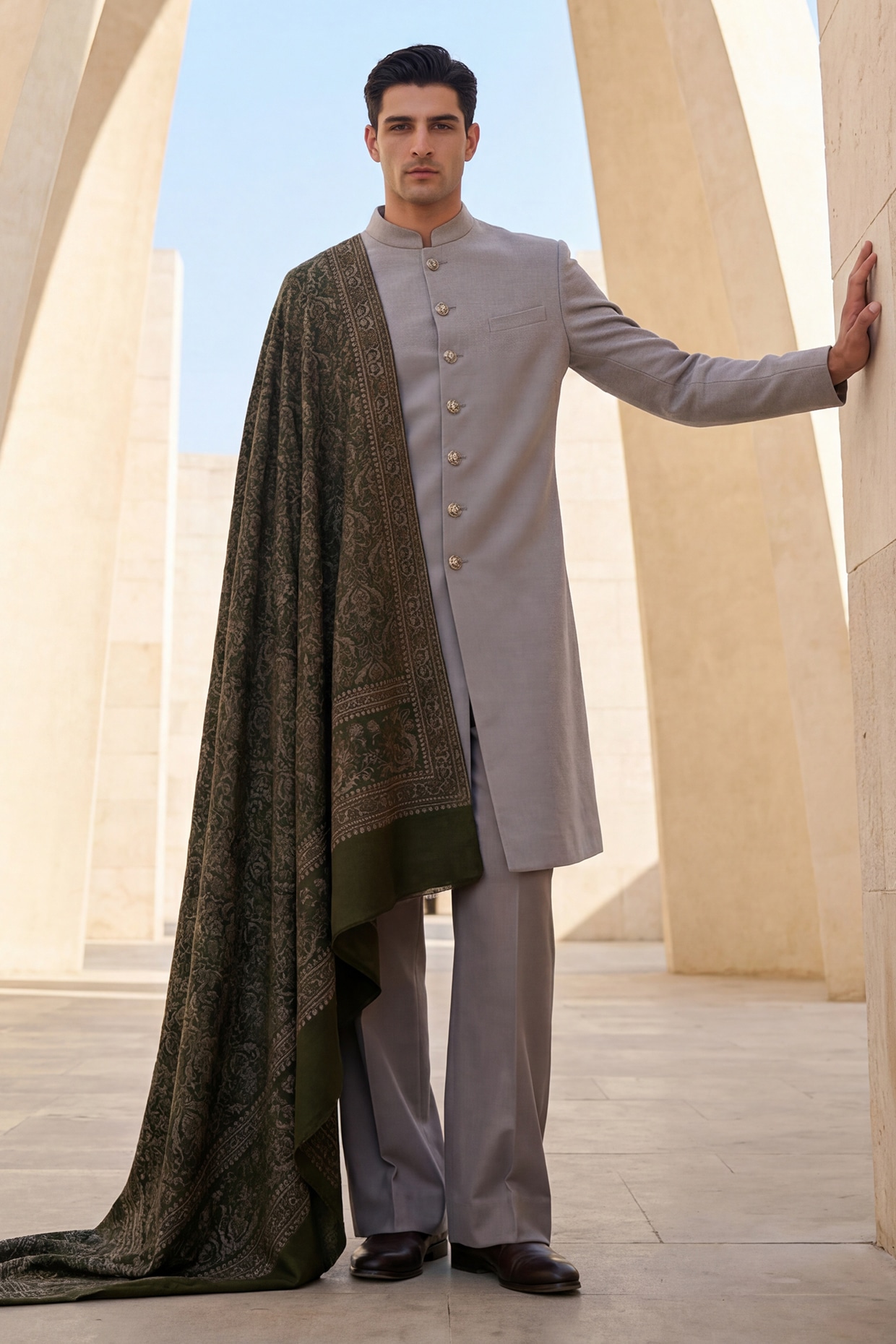 AMIT ARORA Light Grey Pashmina Sherwani Set