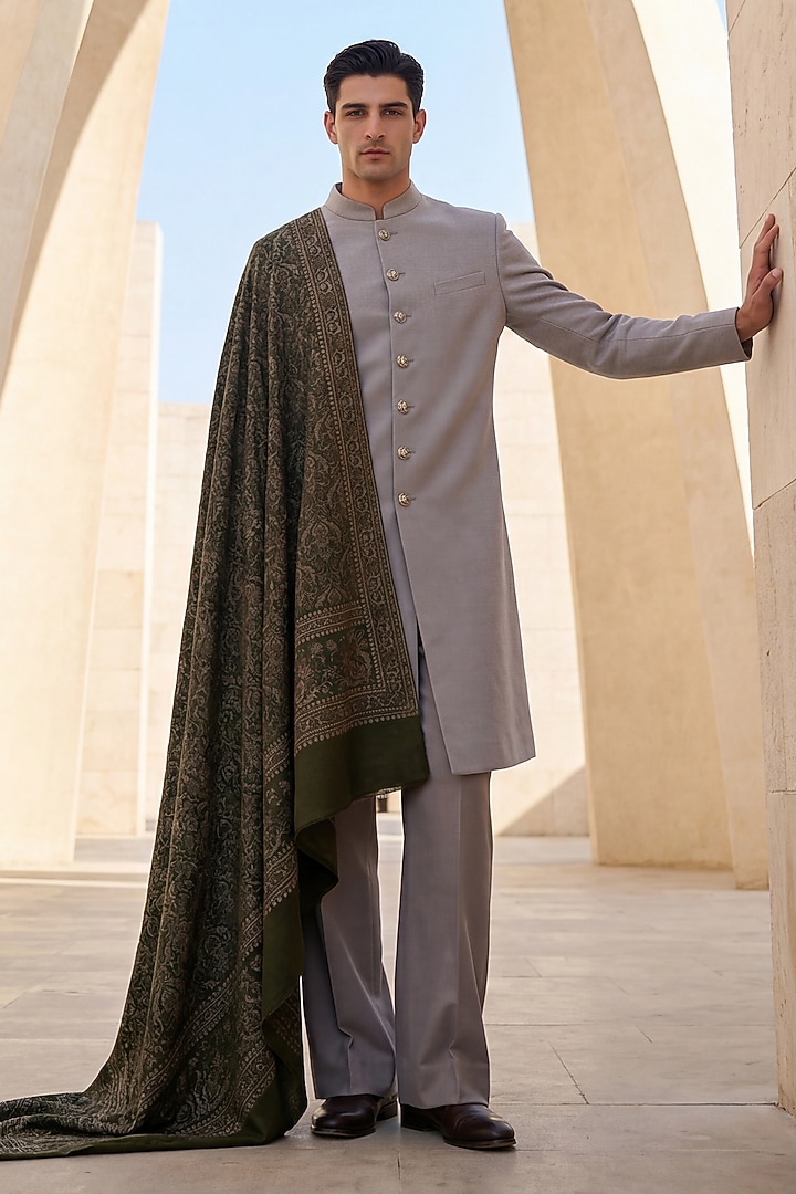 Light Grey Pashmina Groom Sherwani Set by AMIT ARORA at Pernia's Pop Up Shop