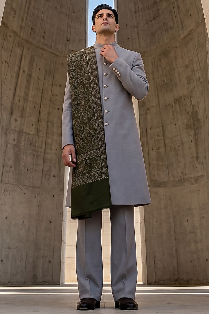Light Grey Pashmina Groom Sherwani Set by AMIT ARORA at Pernia's Pop Up Shop