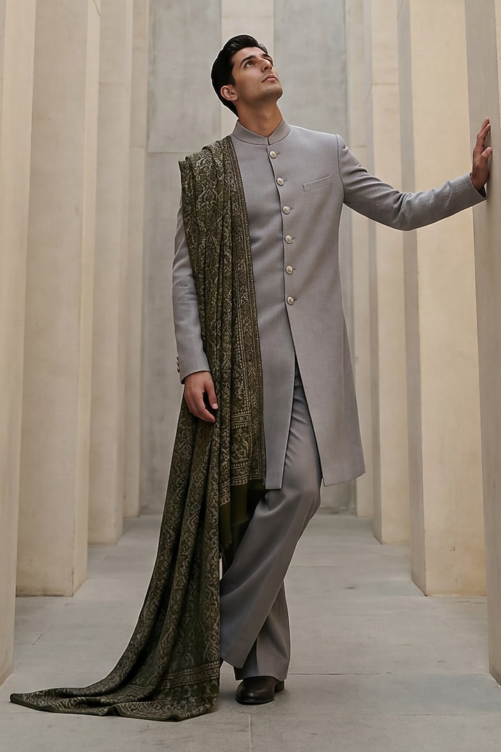 Light Grey Pashmina Groom Sherwani Set by AMIT ARORA at Pernia's Pop Up Shop