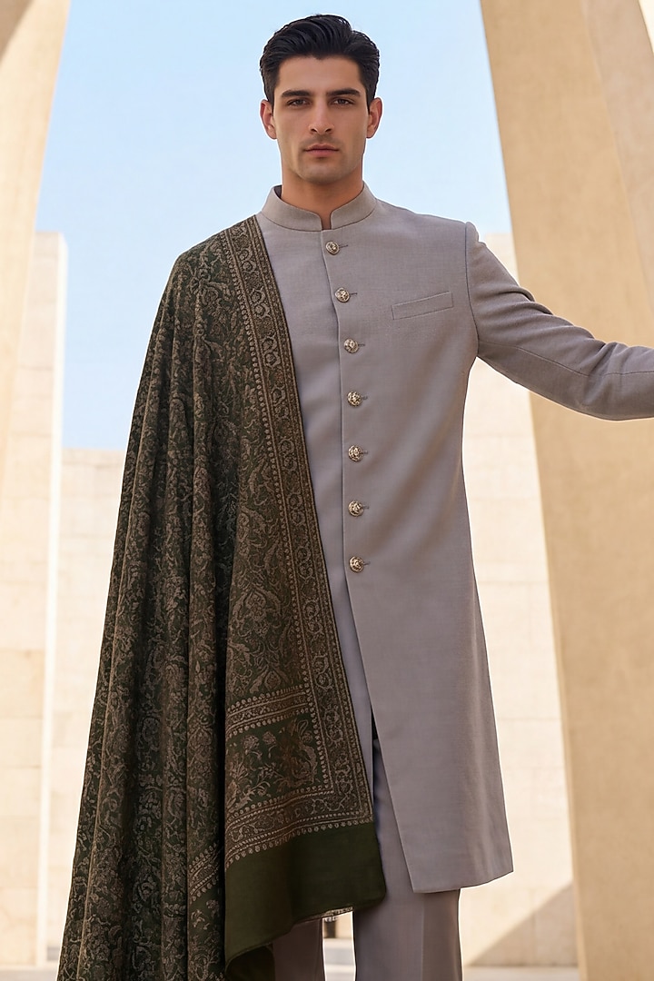 Light Grey Pashmina Groom Sherwani Set by AMIT ARORA at Pernia's Pop Up Shop