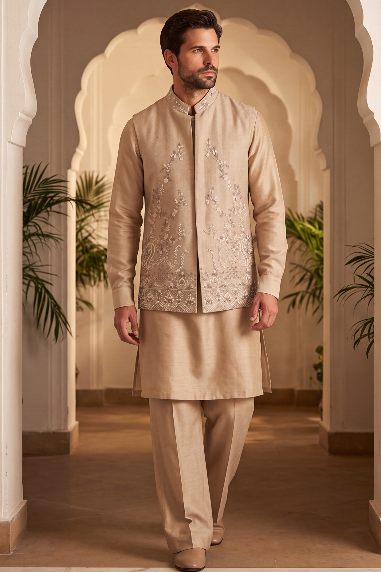 AMIT ARORA Khakhi Herringbone Hand Embroidered Bundi Jacket Set