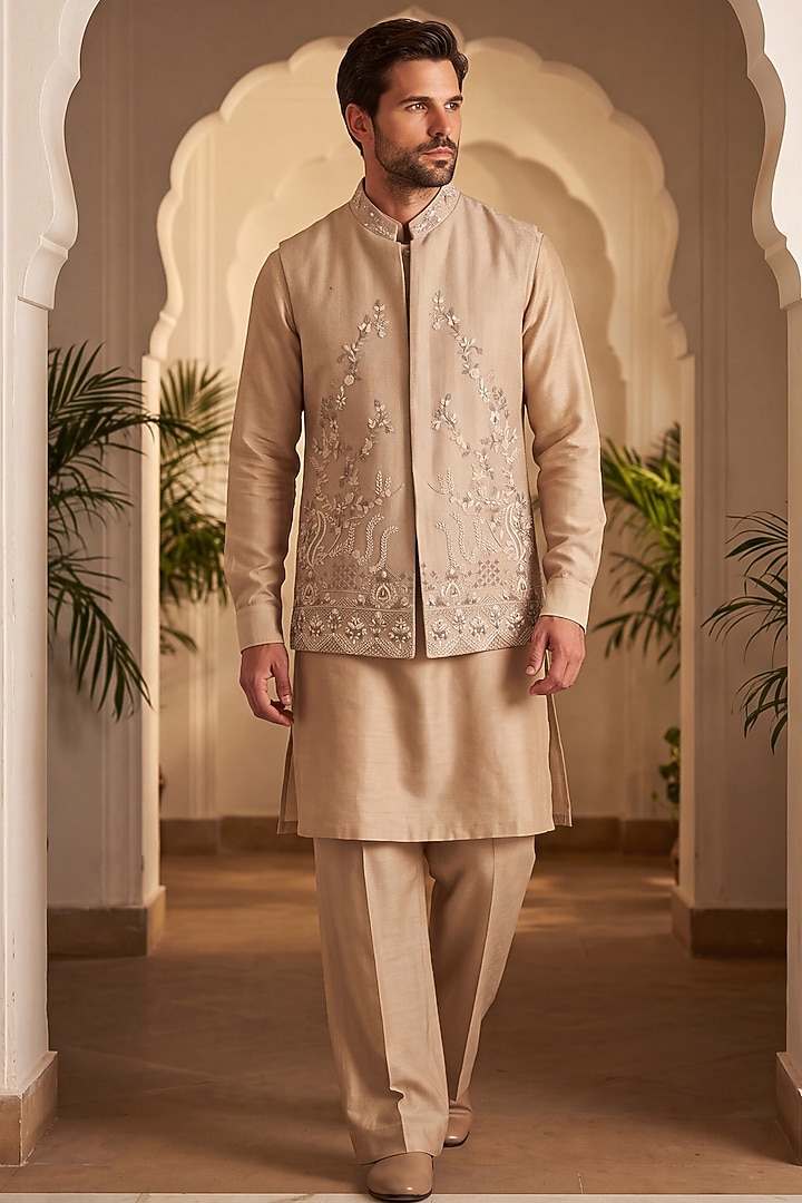 Khakhi Herringbone Hand Embroidered Bundi Jacket Set by AMIT ARORA at Pernia's Pop Up Shop